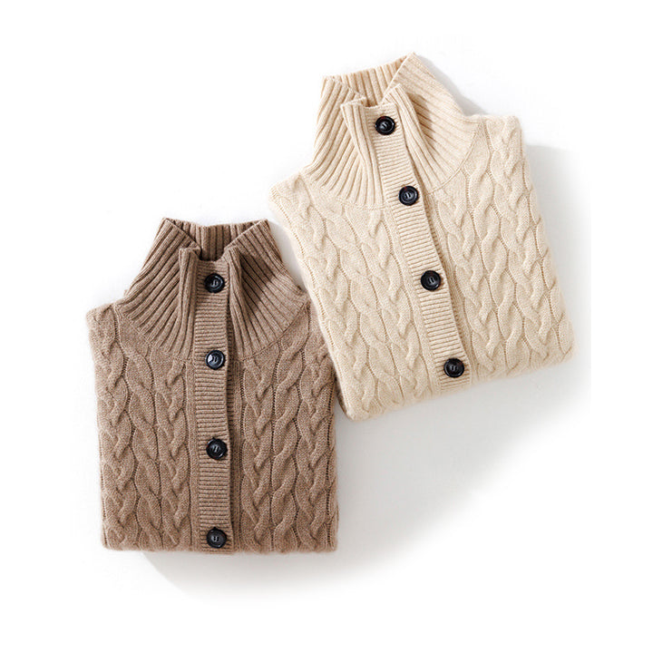 Cable-Knit 100% Cashmere Button Up Cardigan Mock Neck Sweater CP021