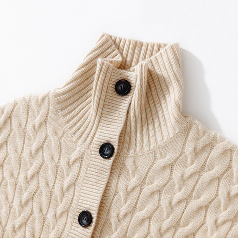 Cable-Knit 100% Cashmere Button Up Cardigan Mock Neck Sweater CP021