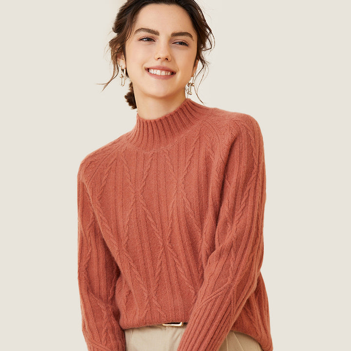 Cable Knit Cashmere Mock Neck Sweater For Women CP031