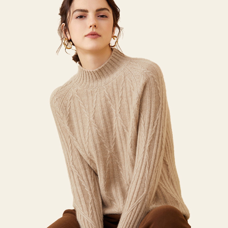 Cable Knit Cashmere Mock Neck Sweater For Women CP031