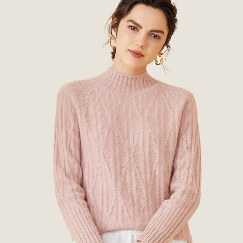 Cable Knit Cashmere Mock Neck Sweater For Women CP031