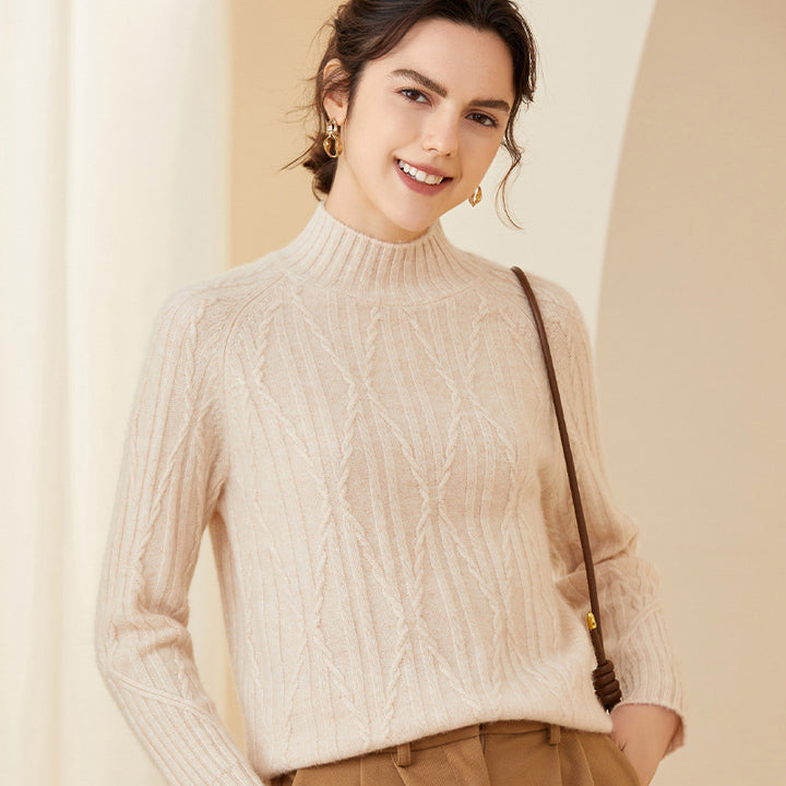 Cable Knit Cashmere Mock Neck Sweater For Women CP031