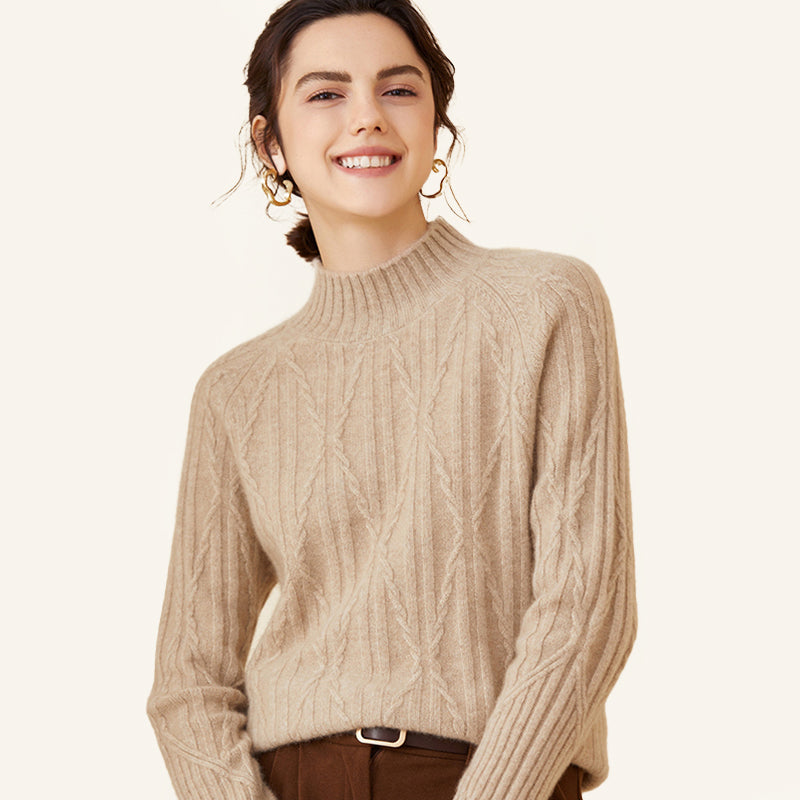 Cable Knit Cashmere Mock Neck Sweater For Women CP031