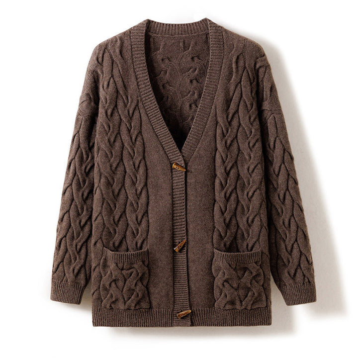 Cable Knit Mid Length Cashmere Cardigan With Horn Button CP023