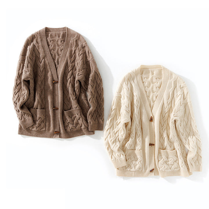 Cable Knit Mid Length Cashmere Cardigan With Horn Button CP023