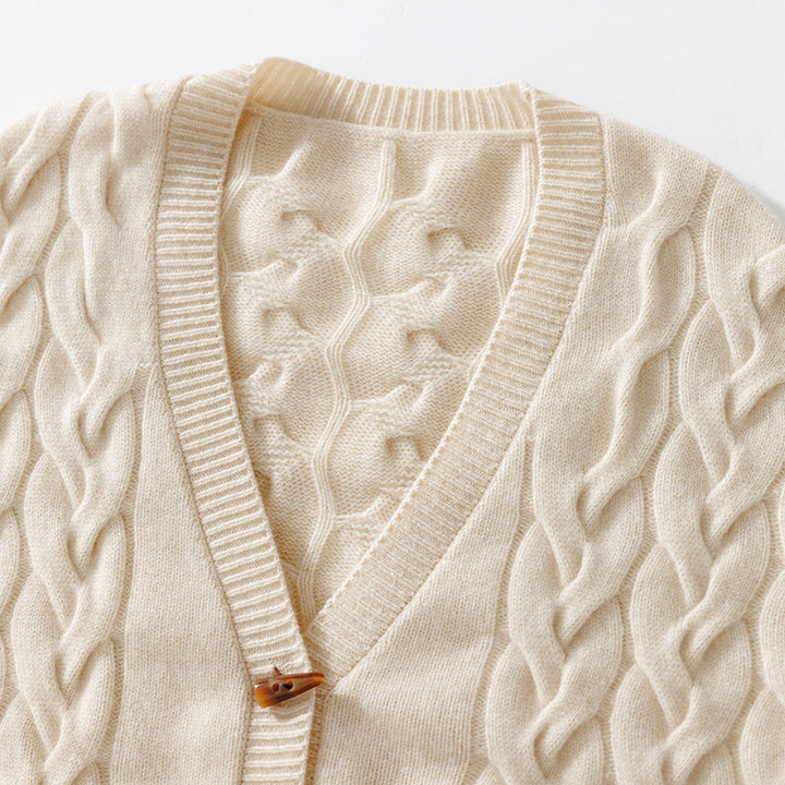 Cable Knit Mid Length Cashmere Cardigan With Horn Button CP023