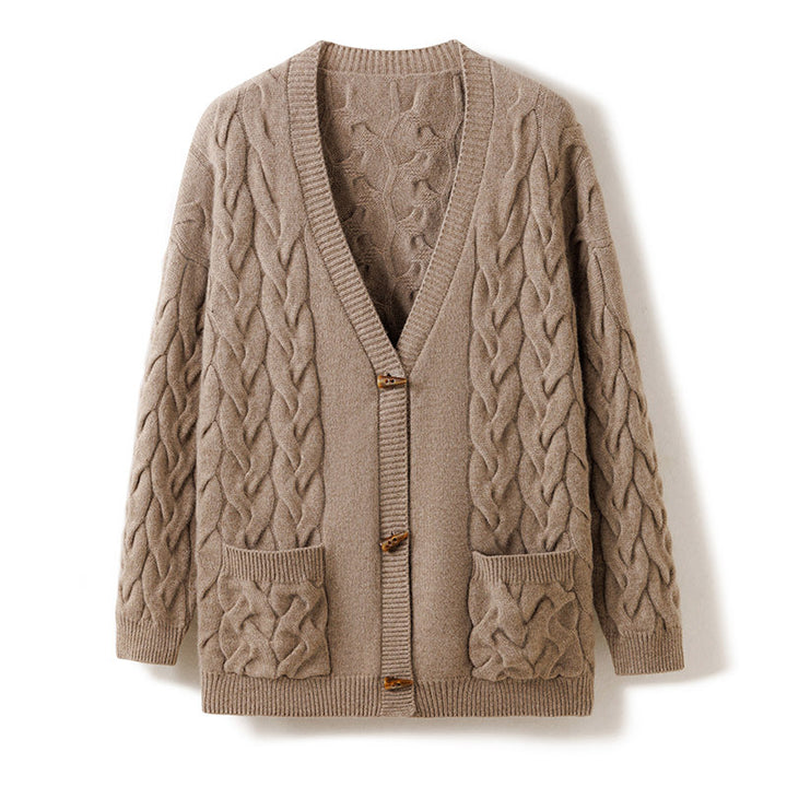 Cable Knit Mid Length Cashmere Cardigan With Horn Button CP023