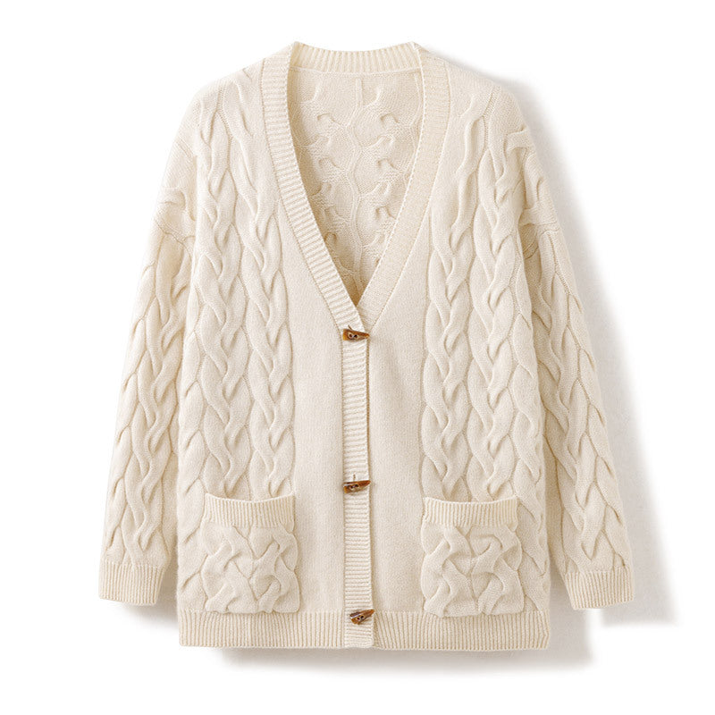 Cable Knit Mid Length Cashmere Cardigan With Horn Button CP023