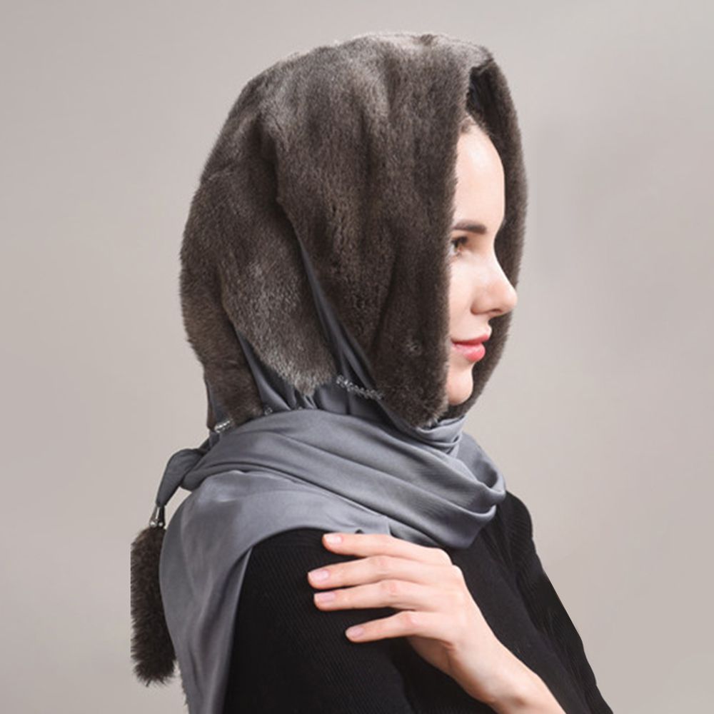 Luxury Real Mink Fur Hooded Hat with Scarf Elegant Winter Fur Hood for Women
