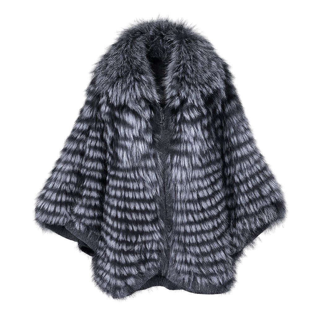 Genuine Silver Fox Fur Cape Poncho Elegant Winter Oversized Fur Shawl Wrap with Knitted Lining for Women