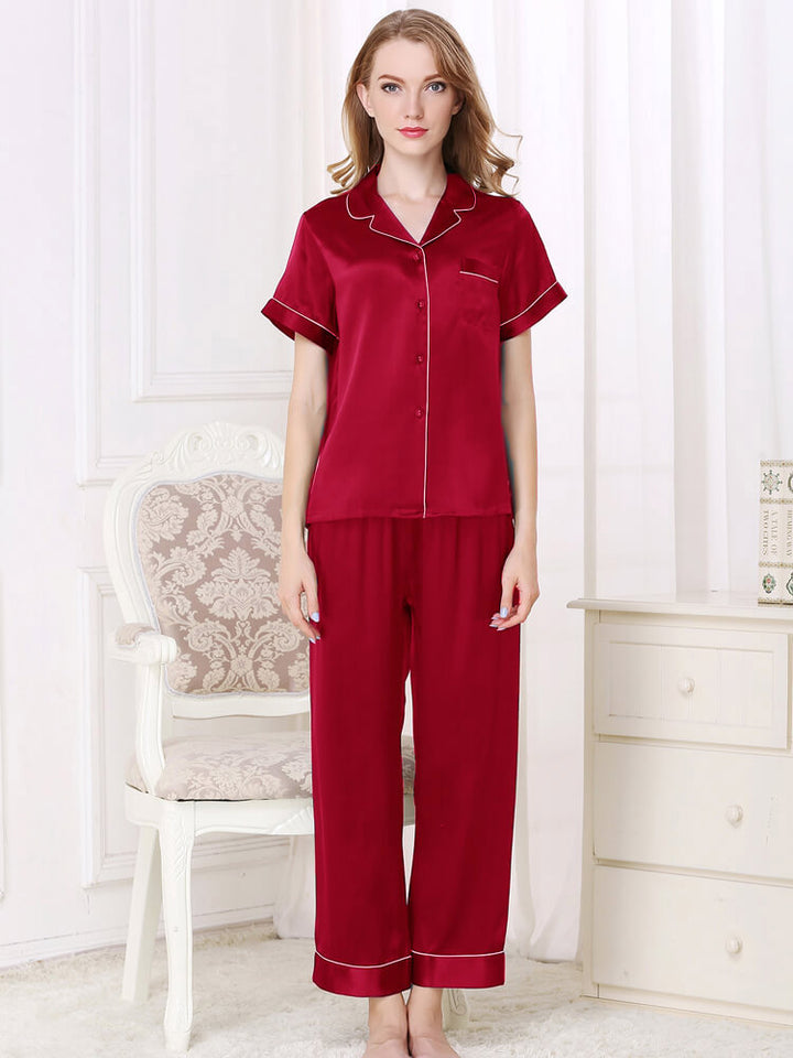 19 Momme Short Sleeved Silk Pajama Set with Trimming