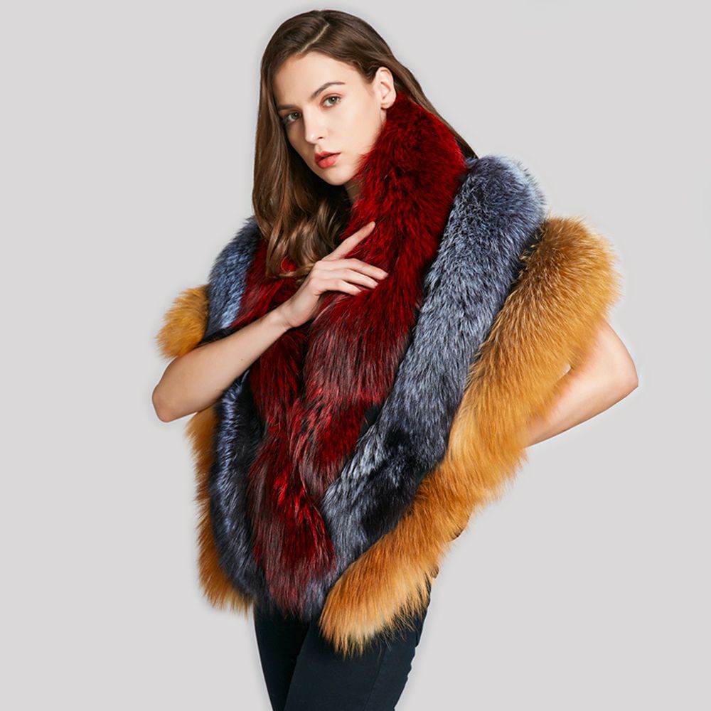 Luxury Real Fox Fur Shawl Wrap for Women Plush Evening Cape Stole