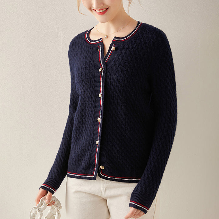 Crew Neck Cable Knit Cashmere Cardigan Sweater CS009