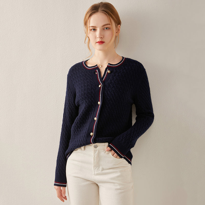 Crew Neck Cable Knit Cashmere Cardigan Sweater CS009