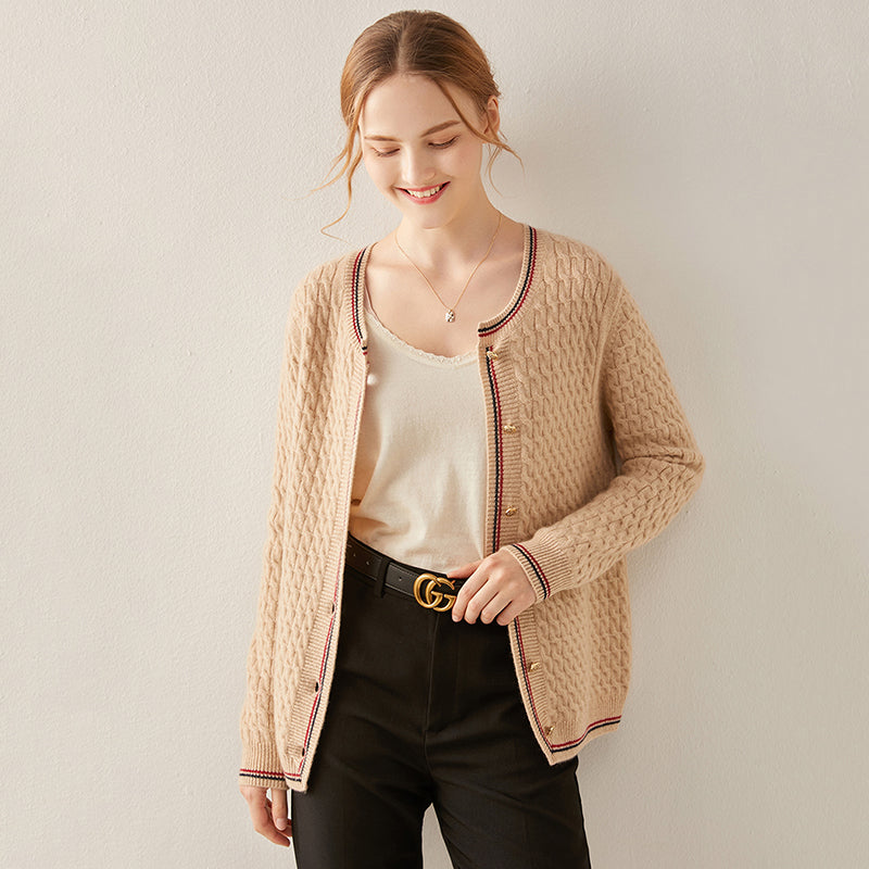 Crew Neck Cable Knit Cashmere Cardigan Sweater CS009