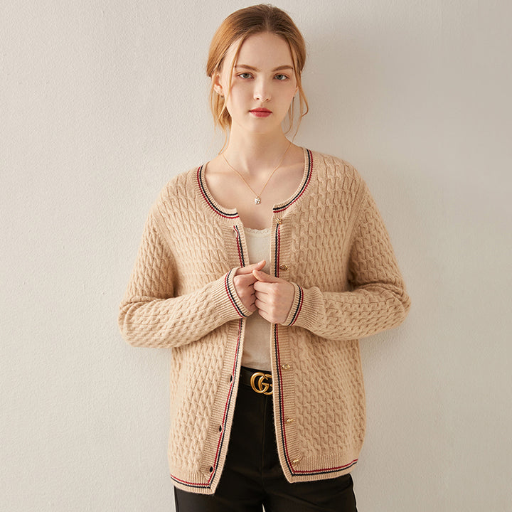 Crew Neck Cable Knit Cashmere Cardigan Sweater CS009