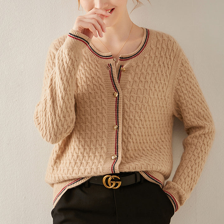 Crew Neck Cable Knit Cashmere Cardigan Sweater CS009