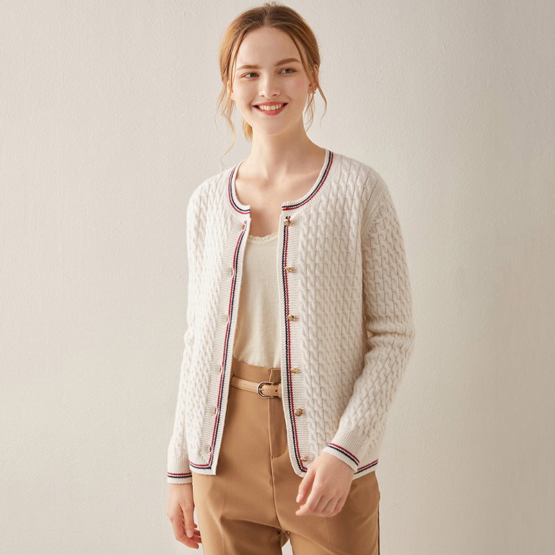 Crew Neck Cable Knit Cashmere Cardigan Sweater CS009