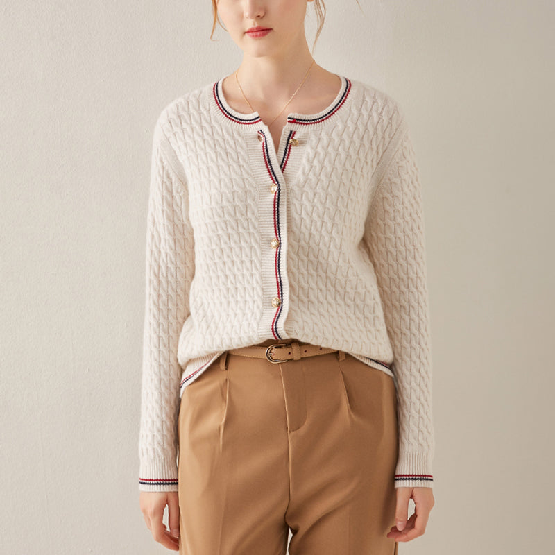 Crew Neck Cable Knit Cashmere Cardigan Sweater CS009