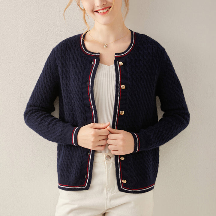 Crew Neck Cable Knit Cashmere Cardigan Sweater CS009