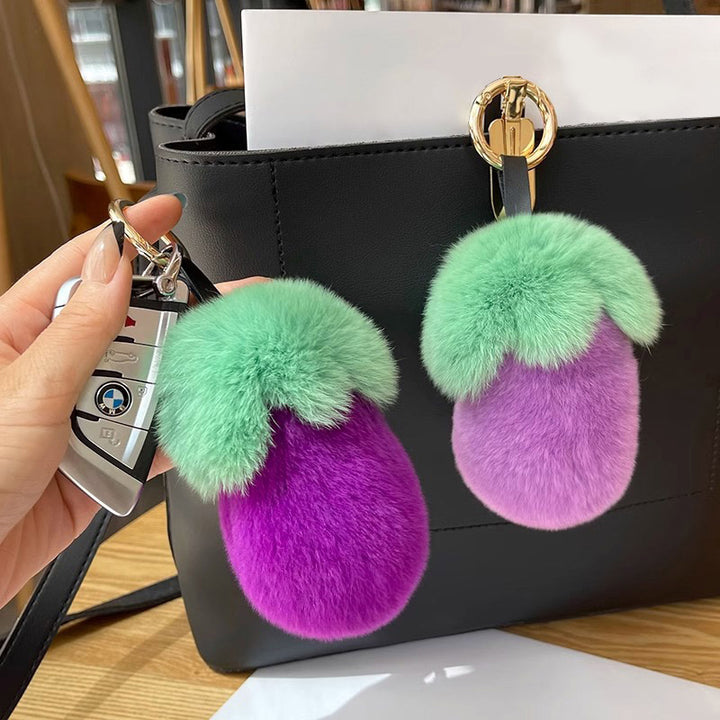 Fluffy Eggplant Real Rabbit Fur Car Keychain Cute Vegetable Style Bag Charm