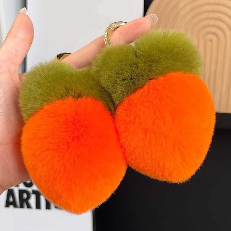 Cute Carrot Real Rabbit Fur Car Keychain Soft Plush Pom-Pom Bag Charm