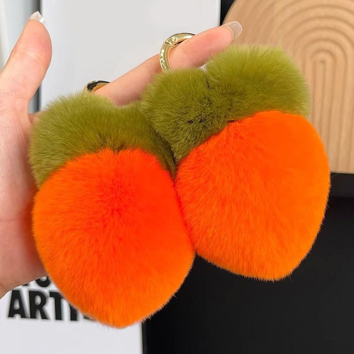 Cute Carrot Real Rabbit Fur Car Keychain Soft Plush Pom-Pom Bag Charm