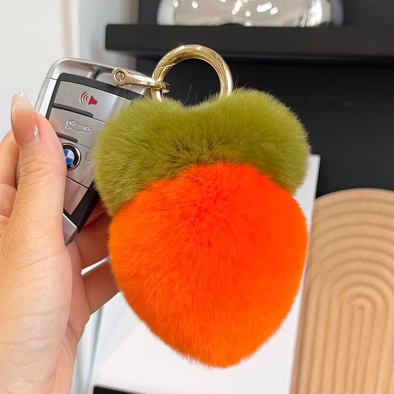 Cute Carrot Real Rabbit Fur Car Keychain Soft Plush Pom-Pom Bag Charm