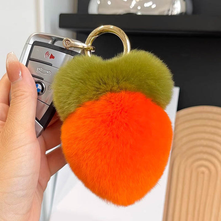 Cute Carrot Real Rabbit Fur Car Keychain Soft Plush Pom-Pom Bag Charm