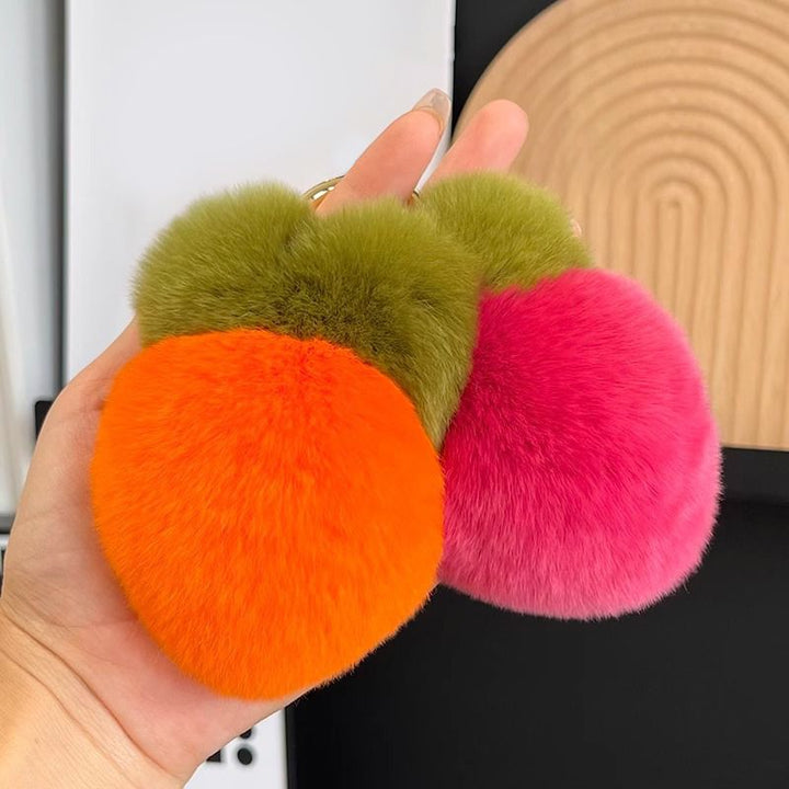 Cute Carrot Real Rabbit Fur Car Keychain Soft Plush Pom-Pom Bag Charm