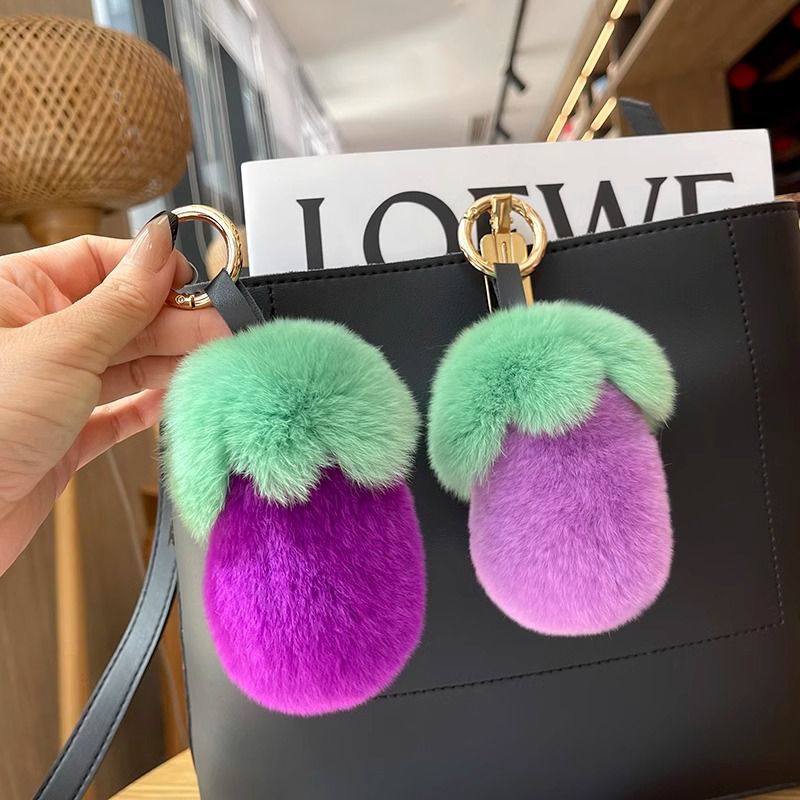 Fluffy Eggplant Real Rabbit Fur Car Keychain Cute Vegetable Style Bag Charm