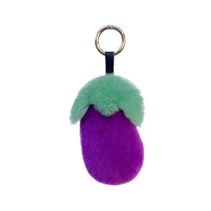Fluffy Eggplant Real Rabbit Fur Car Keychain Cute Vegetable Style Bag Charm
