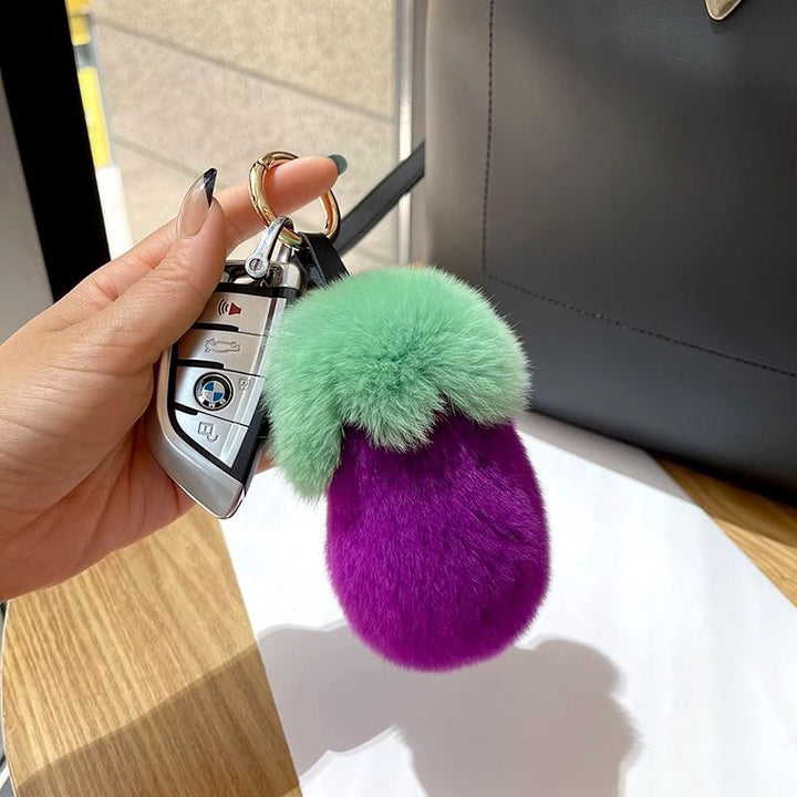 Fluffy Eggplant Real Rabbit Fur Car Keychain Cute Vegetable Style Bag Charm