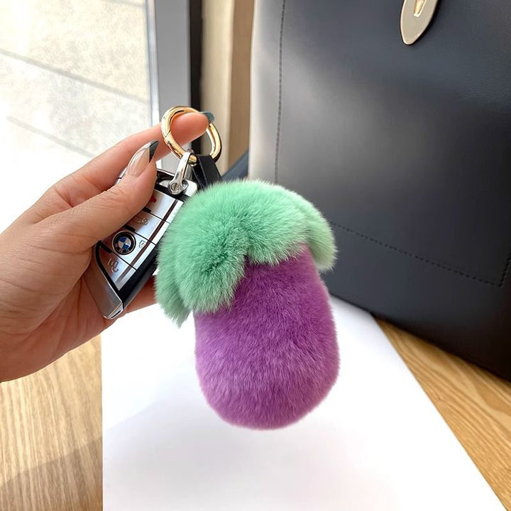 Fluffy Eggplant Real Rabbit Fur Car Keychain Cute Vegetable Style Bag Charm