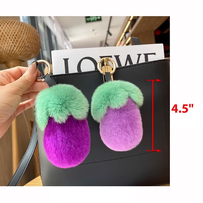 Fluffy Eggplant Real Rabbit Fur Car Keychain Cute Vegetable Style Bag Charm