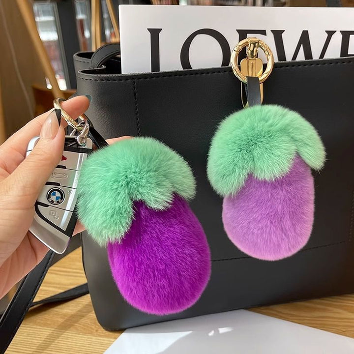 Fluffy Eggplant Real Rabbit Fur Car Keychain Cute Vegetable Style Bag Charm