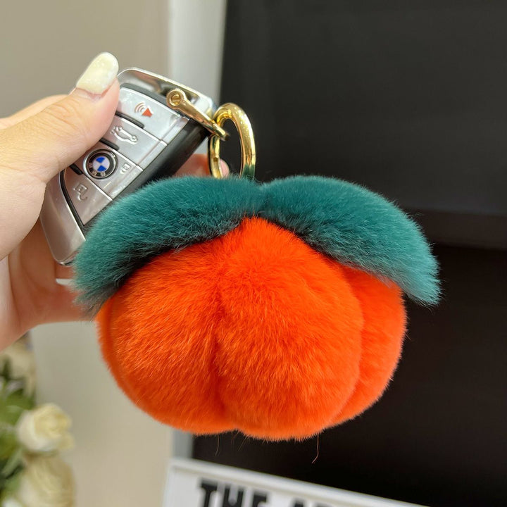 Genuine Rabbit Fur Pumpkin Keychain Fluffy Cute Backpack Charm Gift