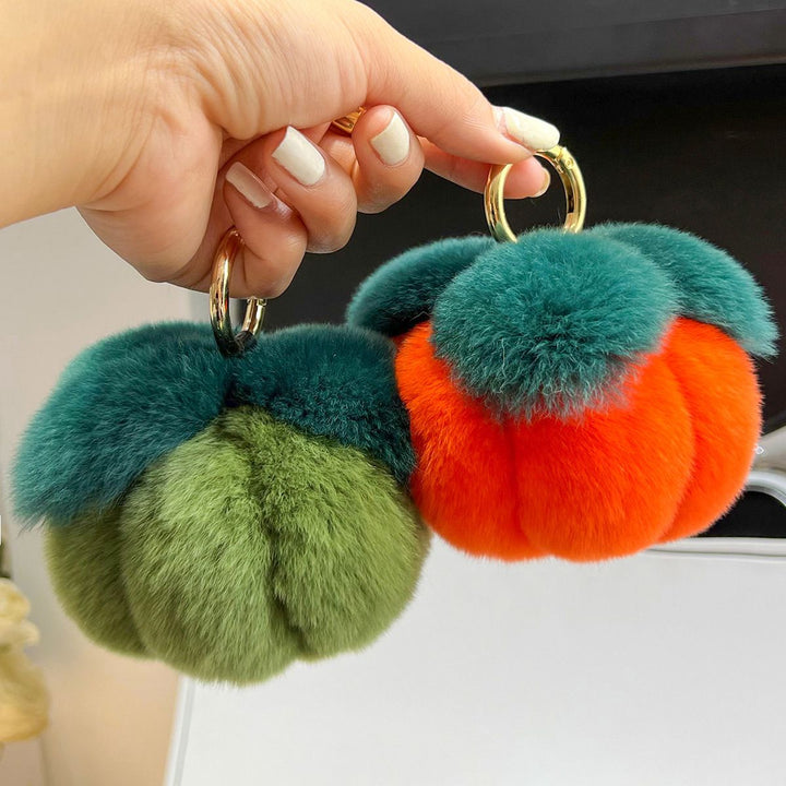 Genuine Rabbit Fur Pumpkin Keychain Fluffy Cute Backpack Charm Gift