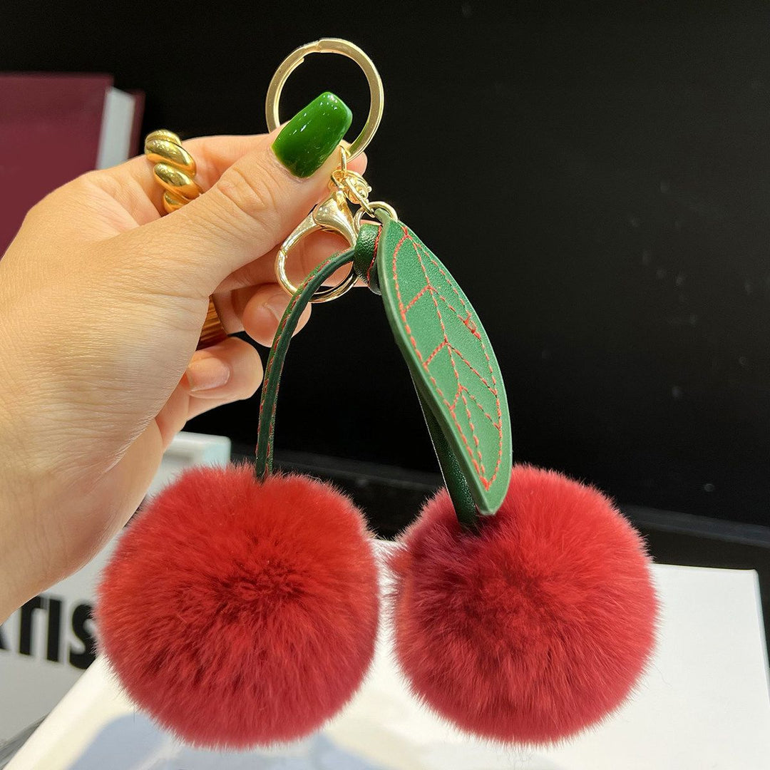 Rabbit Fur Cherry Keychain Cute Pom Pom Plush Bag Car Charm