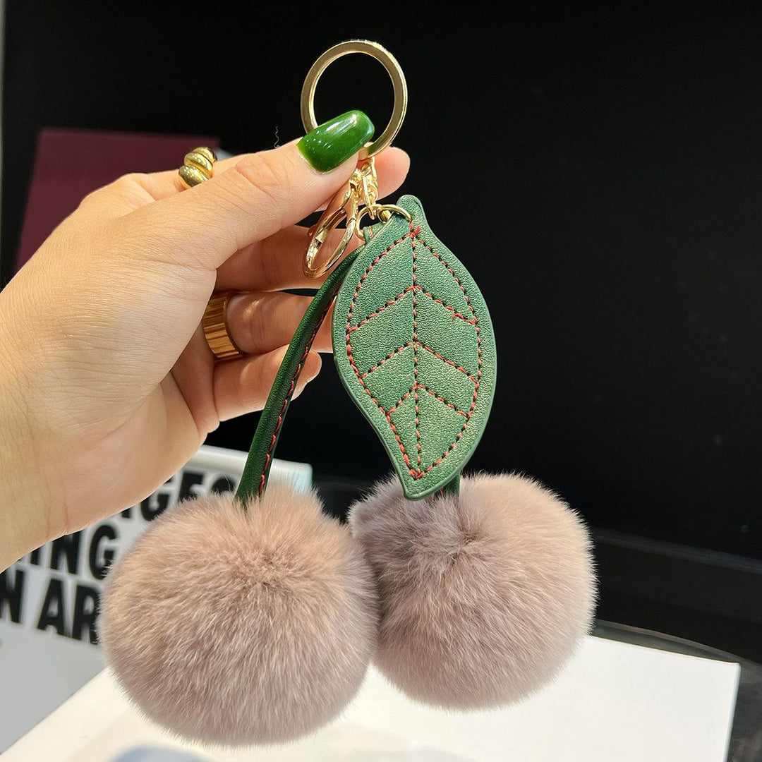 Rabbit Fur Cherry Keychain Cute Pom Pom Plush Bag Car Charm