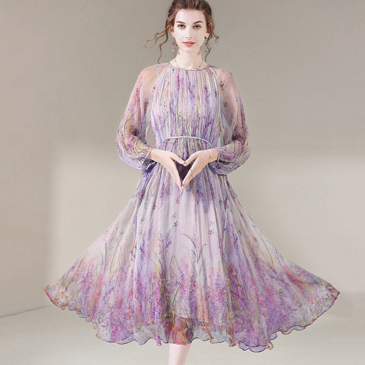 Delicate Purple Floral Semi-Sheer Long Sleeve Pure Mulberry Silk Dress SD058