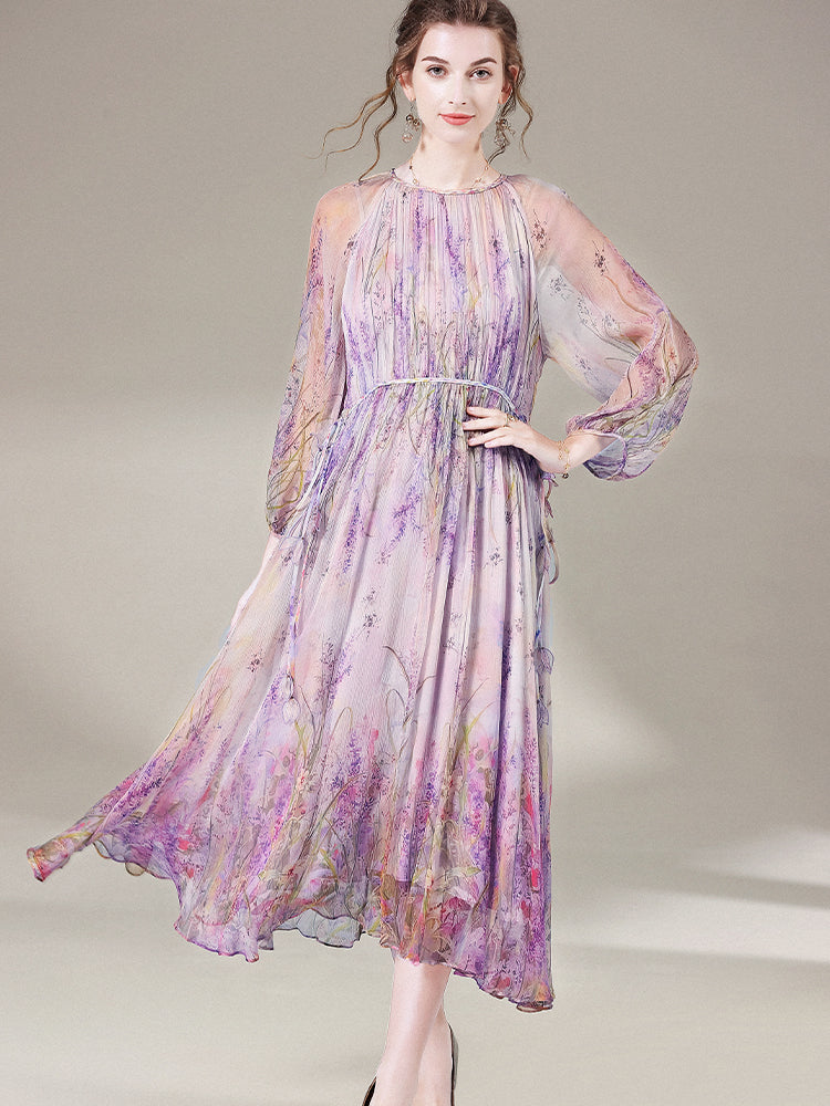 Delicate Purple Floral Semi-Sheer Long Sleeve Pure Mulberry Silk Dress SD058