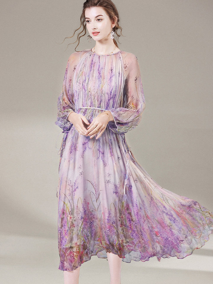 Delicate Purple Floral Semi-Sheer Long Sleeve Pure Mulberry Silk Dress SD058