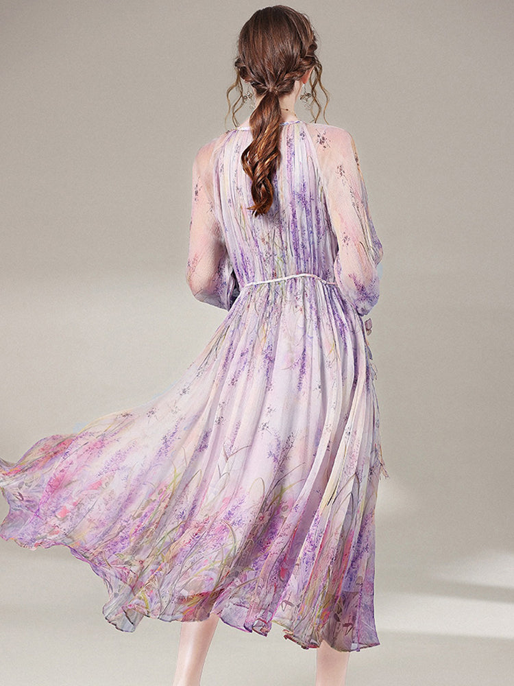 Delicate Purple Floral Semi-Sheer Long Sleeve Pure Mulberry Silk Dress SD058