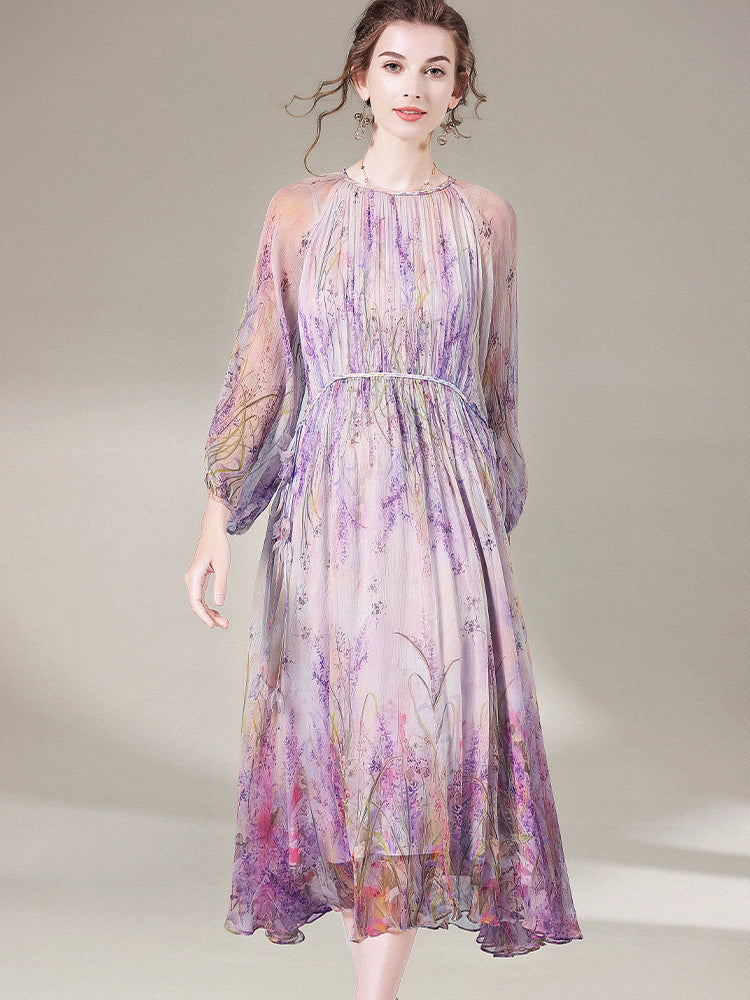 Delicate Purple Floral Semi-Sheer Long Sleeve Pure Mulberry Silk Dress SD058