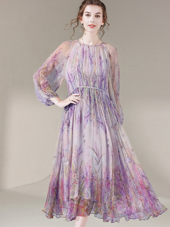 Delicate Purple Floral Semi-Sheer Long Sleeve Pure Mulberry Silk Dress SD058