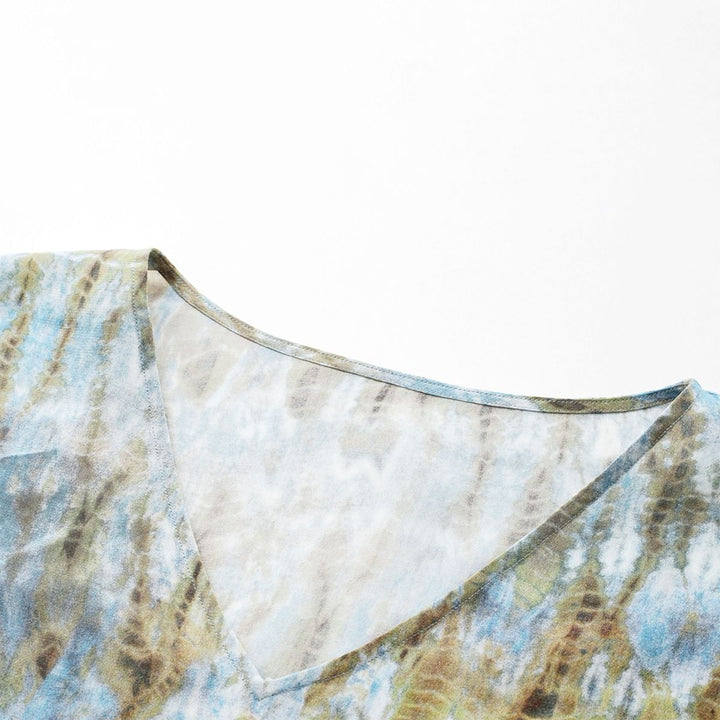 Women's Pastel Blue Printed Lantern Sleeve Lightweight V-Neck Silk Blouse