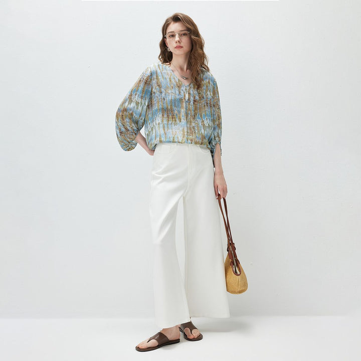 Women's Pastel Blue Printed Lantern Sleeve Lightweight V-Neck Silk Blouse