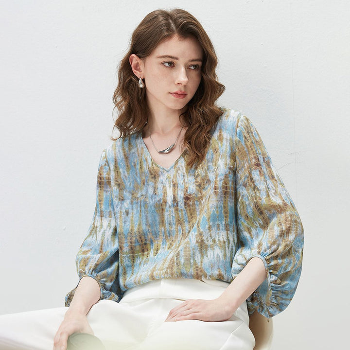 Women's Pastel Blue Printed Lantern Sleeve Lightweight V-Neck Silk Blouse