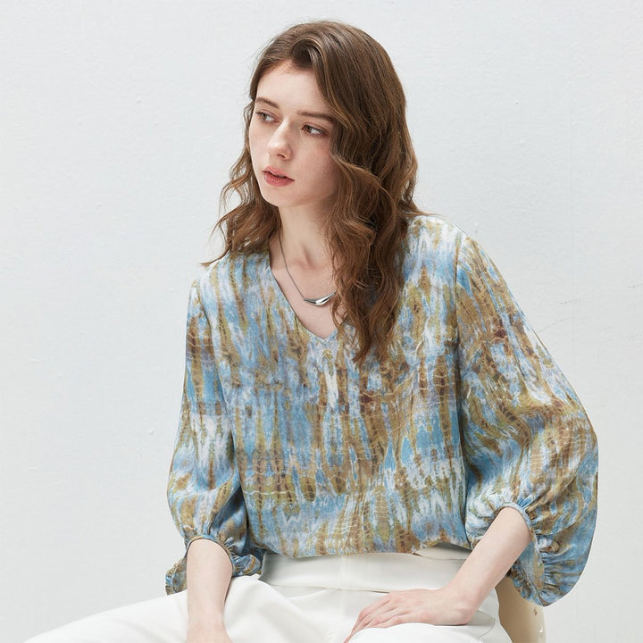 Women's Pastel Blue Printed Lantern Sleeve Lightweight V-Neck Silk Blouse
